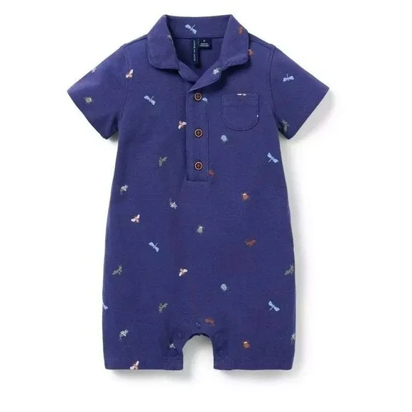 Janie and Jack Bug Romper Size 6-12M Navy Short Sleeve One Piece Spring Summer - Picture 2 of 10
